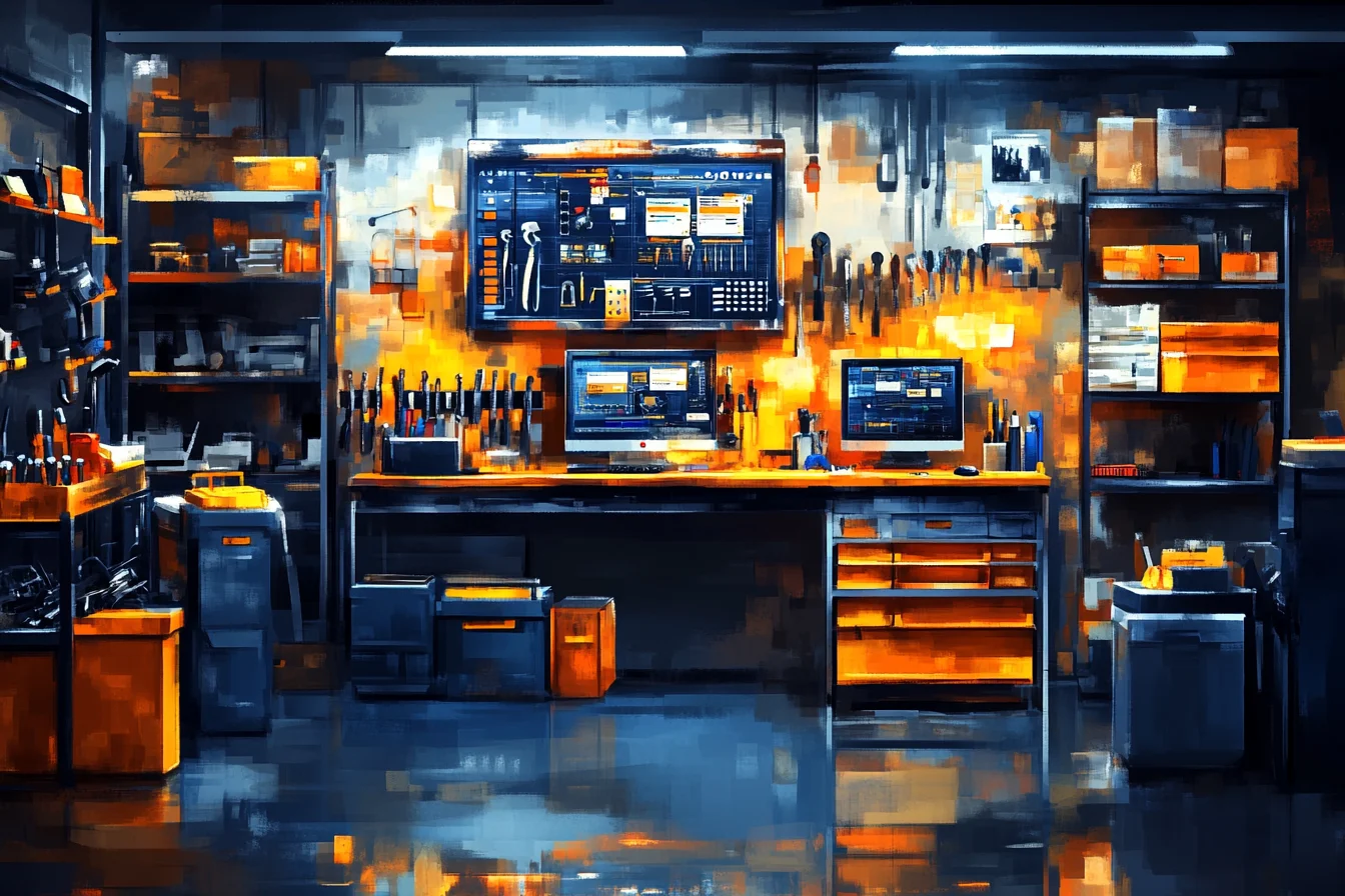 Narzędziownia z regałami i ławą roboczą oraz ekranami z panelami danych, ilustracja programu do narzędziowni